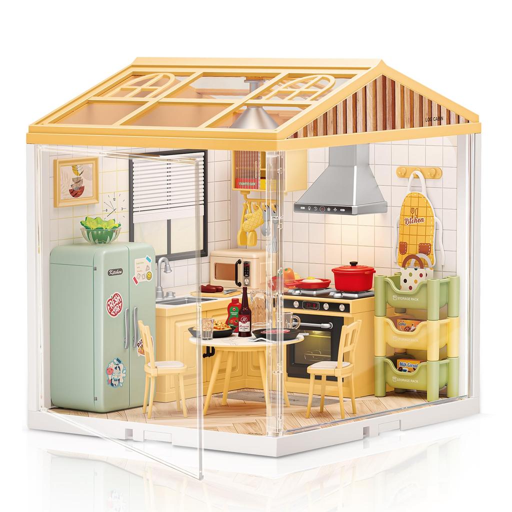 Hallisun DIY Miniaturhaus Kunststoff Puppenhaus Möbel Spielzeugfigur Haus für mit USB-Licht Staubschutzabdeckung und Kleiner 3D Bastelbausatz Geeignet für