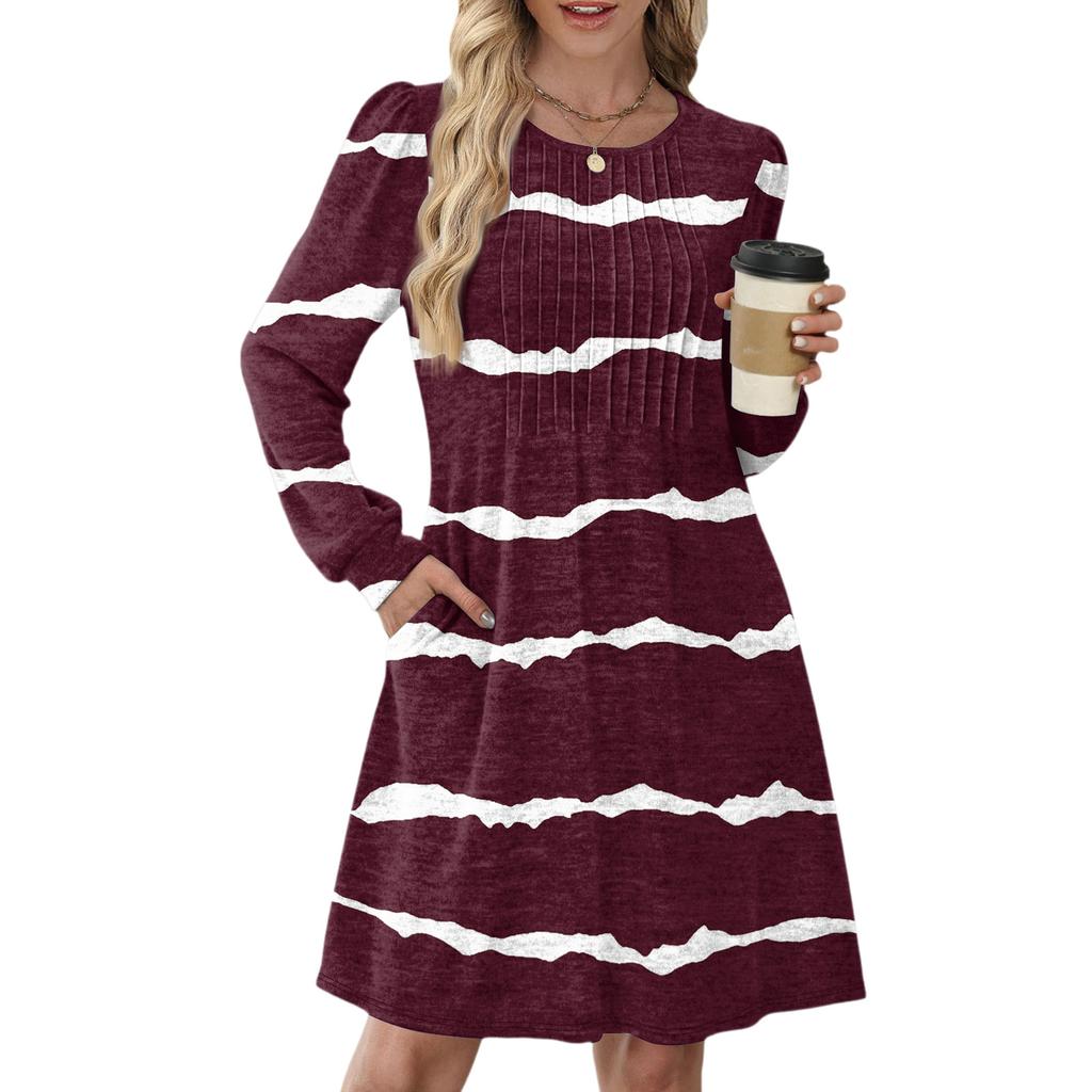 Women's Long Sleeve Pleated Round Neck Plaid Stripe Print Casual Dress With Pockets