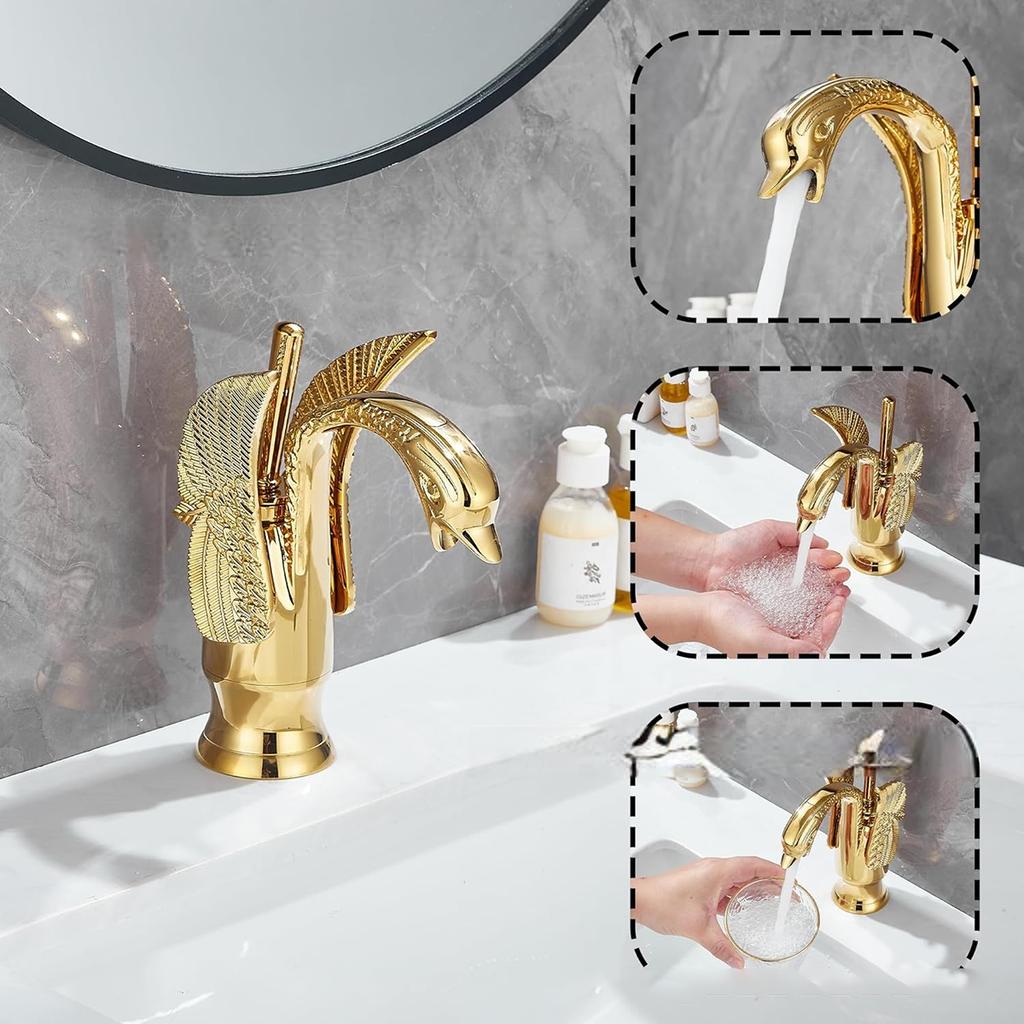 Golden Swan Bathroom Basin Faucet Bathtub Faucet New Design Swan Faucet Copper Gold Faucet Hot and Cold Faucet