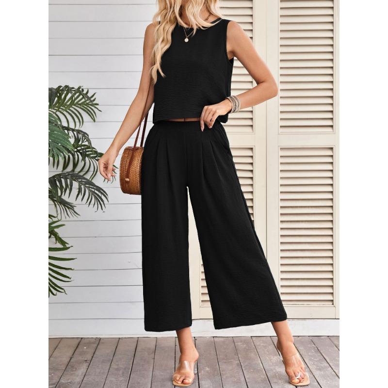 Women Summer Casual Sleeveless Vest Wide Leg Cropped Pants Two Piece Set