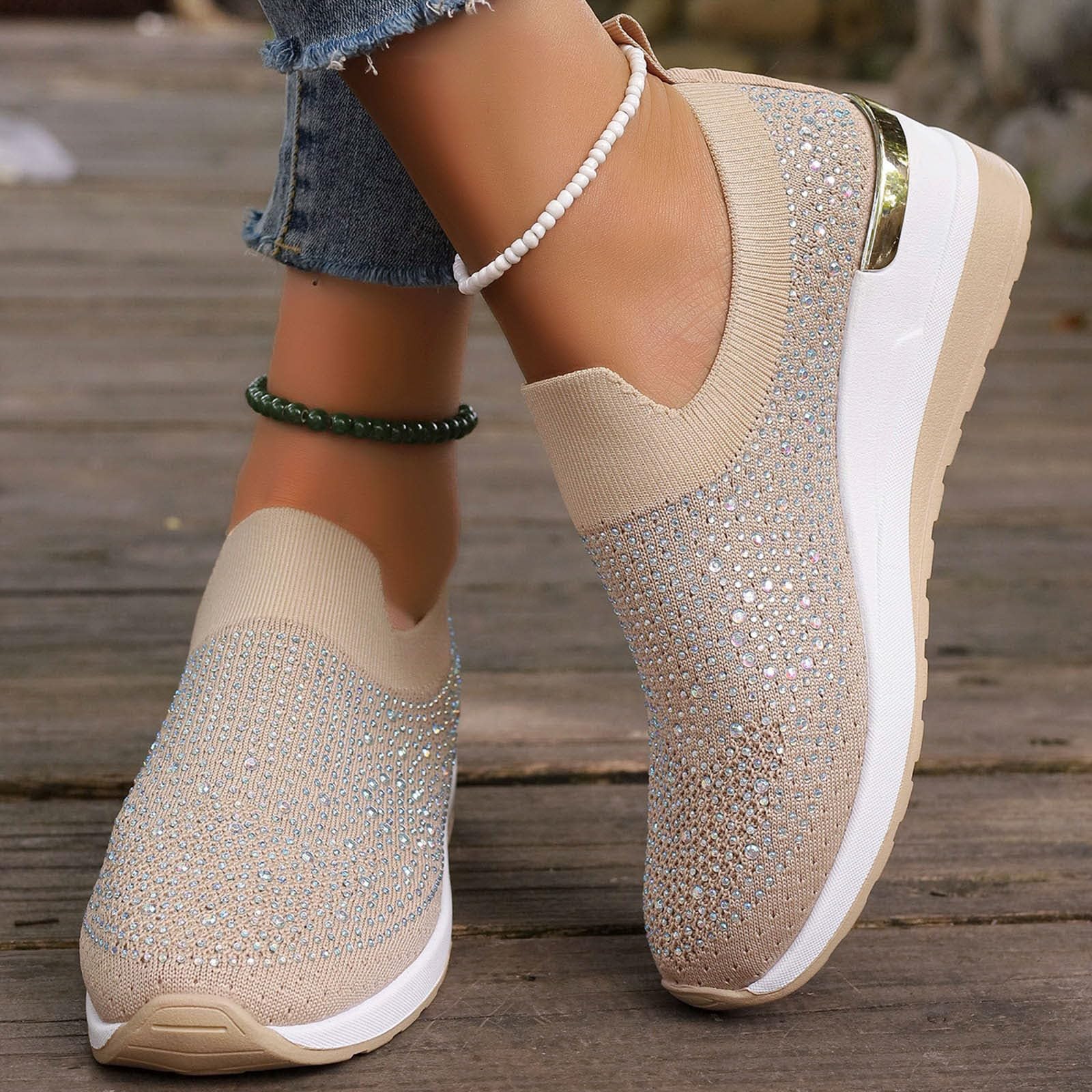 

Women s Plus Size Sloped Heel Casual Flats With Rhinestone Embellishments 44 хакі