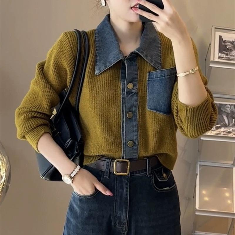 Autumn and winter PO collar short top women's fake two-piece denim collar splicing jacket knitted cardigan