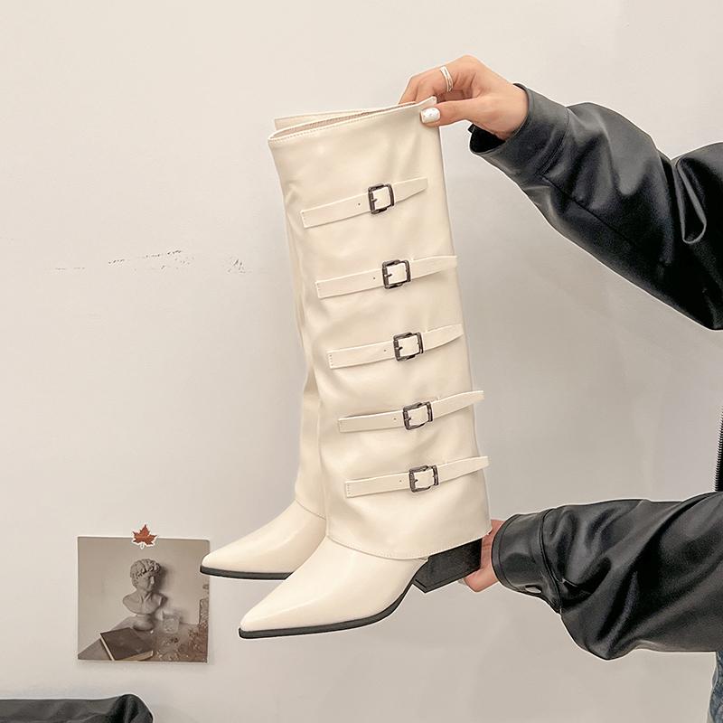 Fashion Pointed Toe Women Knight High Boots Designer Belt Buckle Platform Heel Shoes Autumn Winter Thick Heel Ladies Long Booties