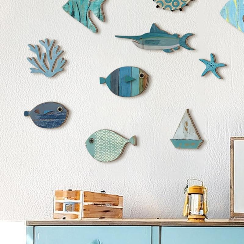 Handcrafted Wooden Fish School Wall Art Hanging Sculpture Ornaments Set For Coastal Nursery Decors Beach Theme Design