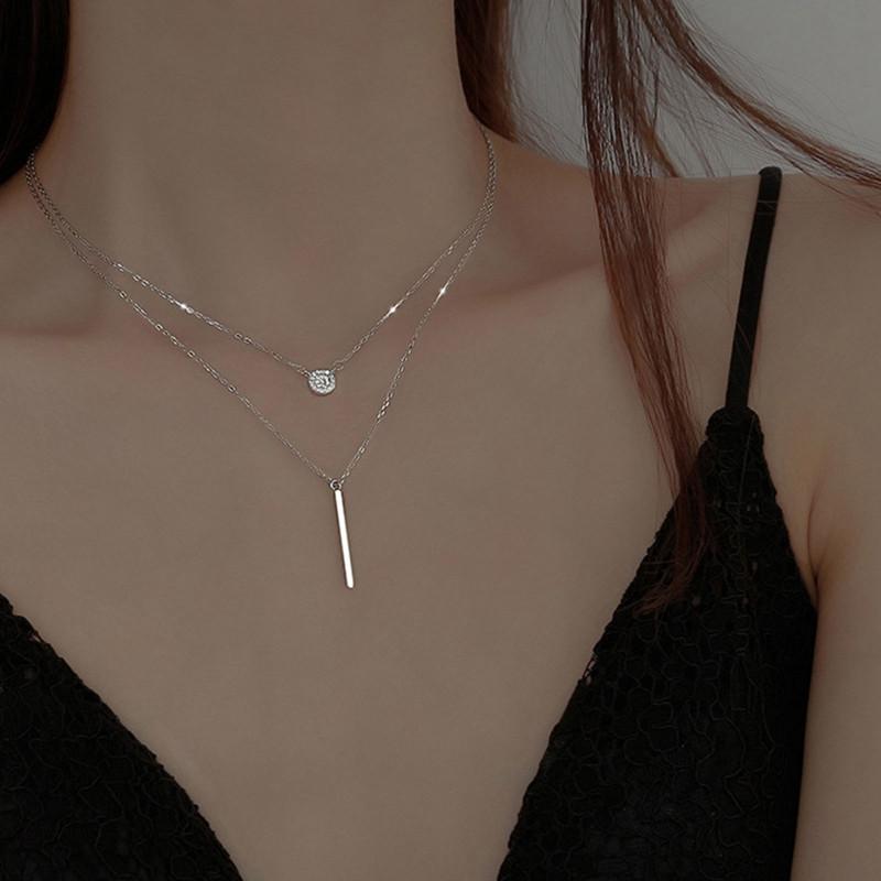 Necklace Geometric Strip Flash Diamond Round Double Necklace Women'S Fashion Diamond Collarbone Chain Necklace