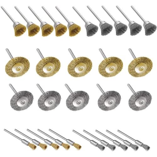 AmoYoung Router Brushes, 3 Types of Wire Brushes, Steel & Brass Wire Brushes, 2.35mm Shaft, Pack of 30, Wire Wheel Brushes, Bowl Cup, Brush Shape, Pol