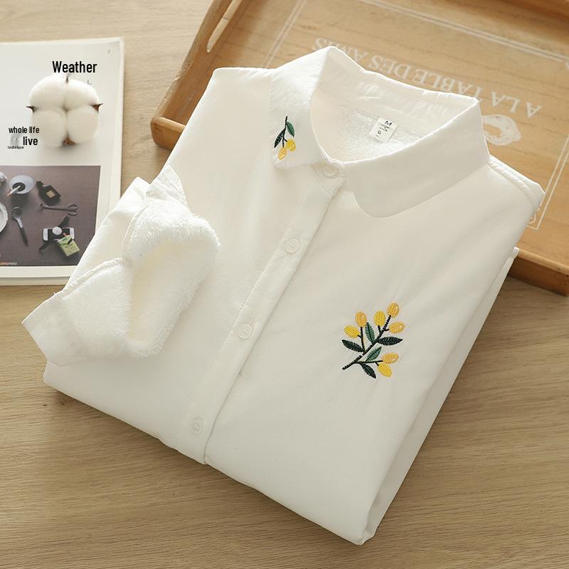 Women s 2025 Autumn/Winter Velvet Floral Embroidered Long-Sleeve Cardigan Shirt Small белый