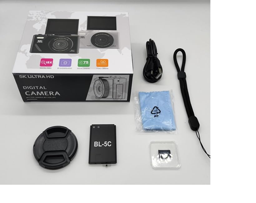 Shulala Digital Camera with 75MP Resolution, 5K Video Recording, 18x Digital Zoom, 180° Rotating Display, Image Stabilization, Selfie Capability,