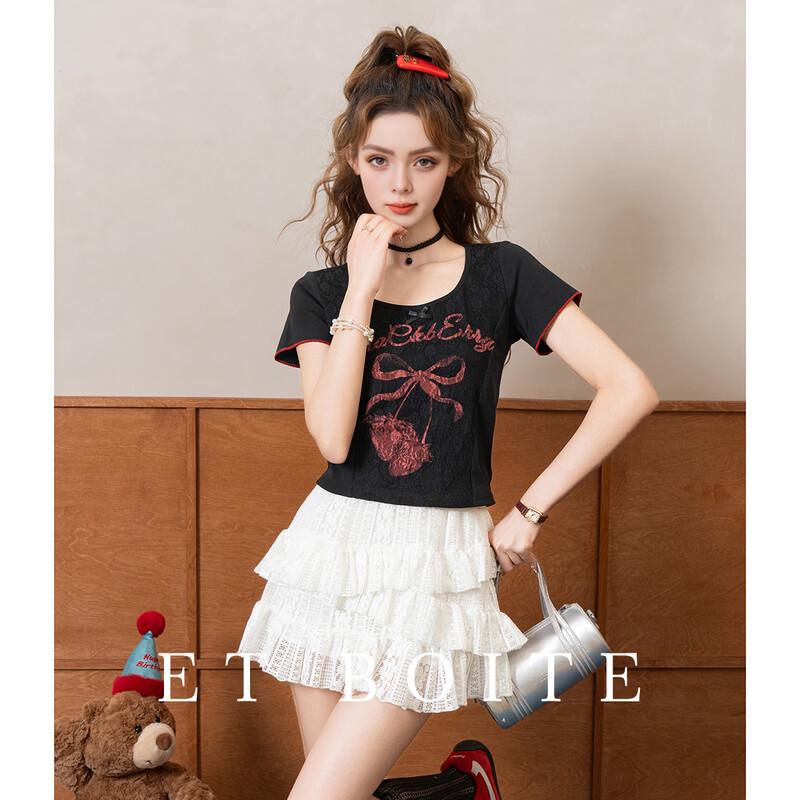 

French Box Lace Bow Square Neck T-Shirt EU 40