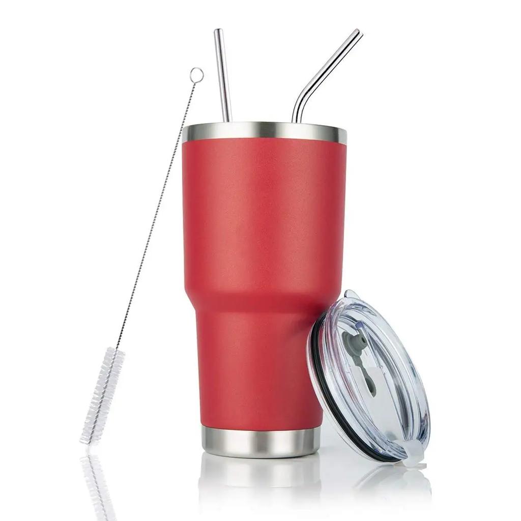 Gobelet 30 oz Double paroi Acier inoxydable Isolé sous vide Mug de voyage avec couvercle anti-éclaboussures Paille en métal et brosse