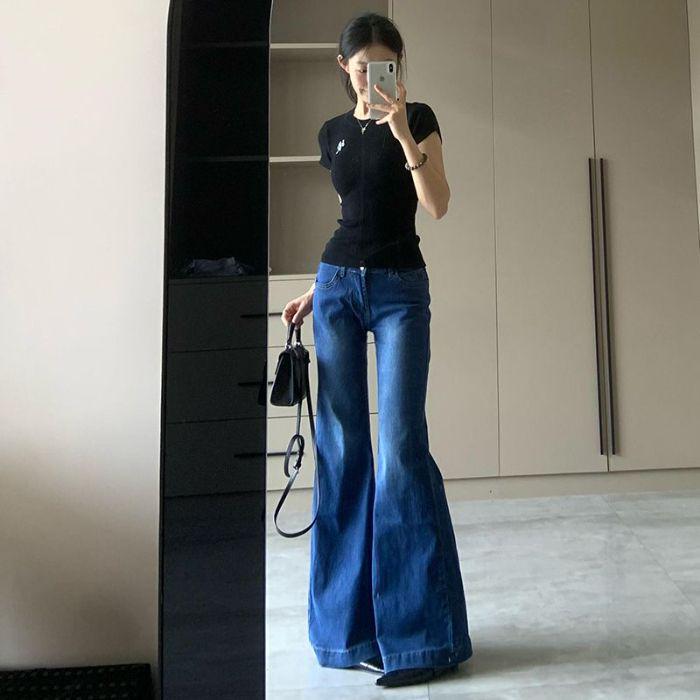 2025 Trendy Low-Rise Stretchy Flared Jeans: Slimming Floor-Length Trousers for a Versatile Spring Look Small