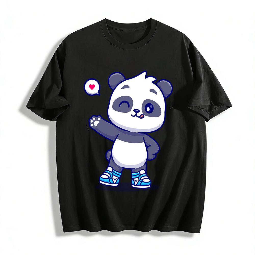 Cute Heart Waving Panda Print Casual Loose Breathable Top Pure cotton T-shirt XXS