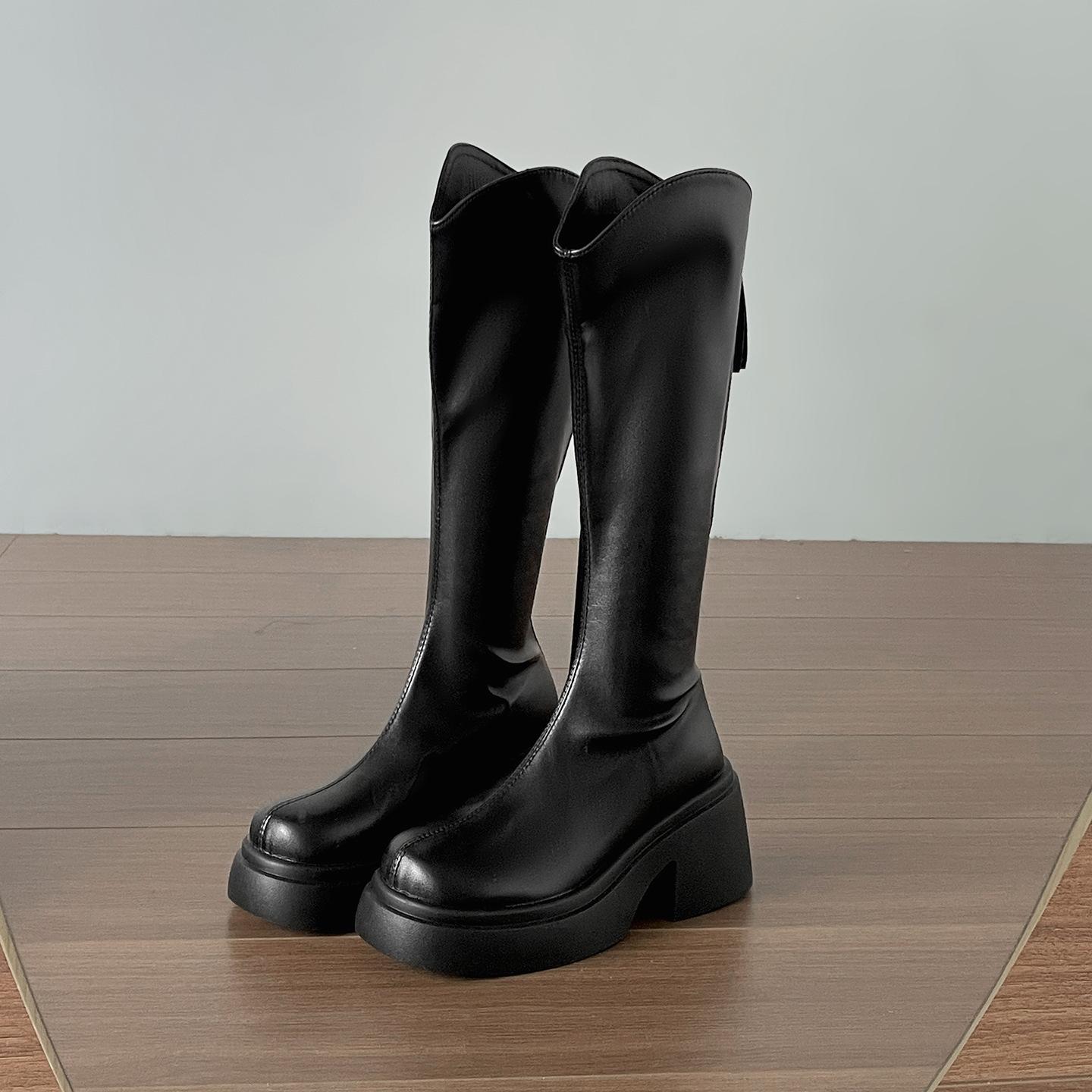 

Brown British style thick-soled thick-heeled boots children s boots 2025 new autumn height-increasing and thin retro knight boots 40 чёрный