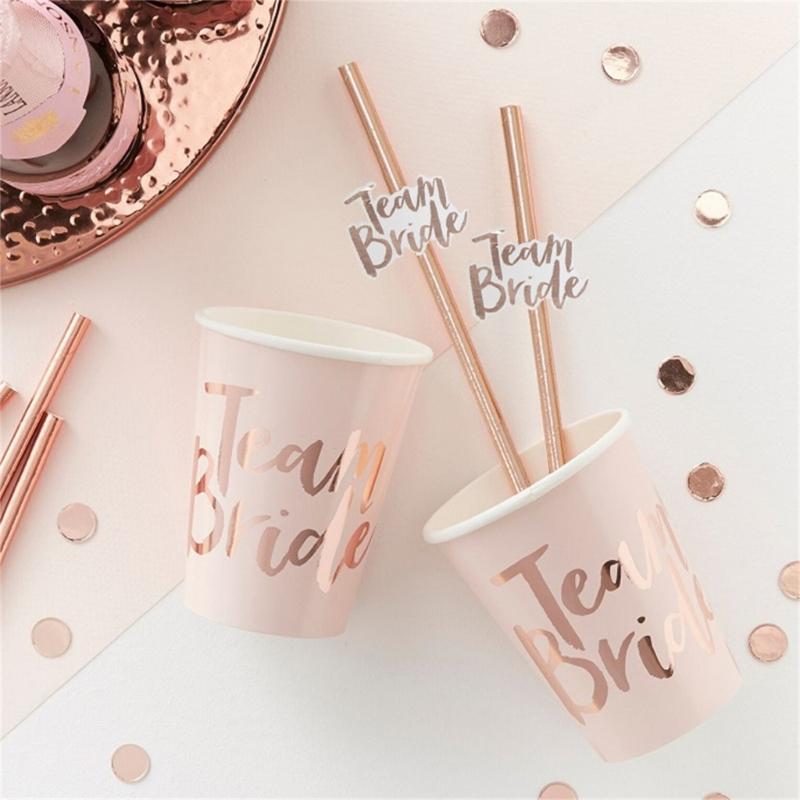 12pcs Rose Golden Paper Straws Team Bride Drinking Straw for Wedding Party Supplies Bridal Baby Shower Birthday Decor