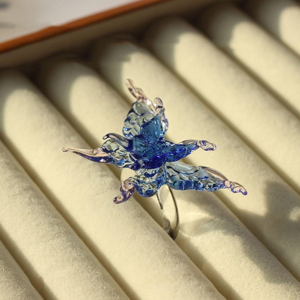 Exquisite Colorful Flower Ring Handmade Chinese Dragon Ring Aesthetic Glaze Butterfly Ring  Girls