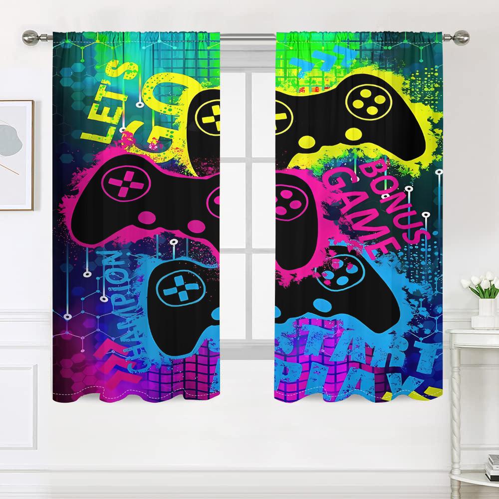 2 pieces, game controller curtains - bright neon text -30% blackout - suitable for living room, bedroom, kitchen, home decoratio