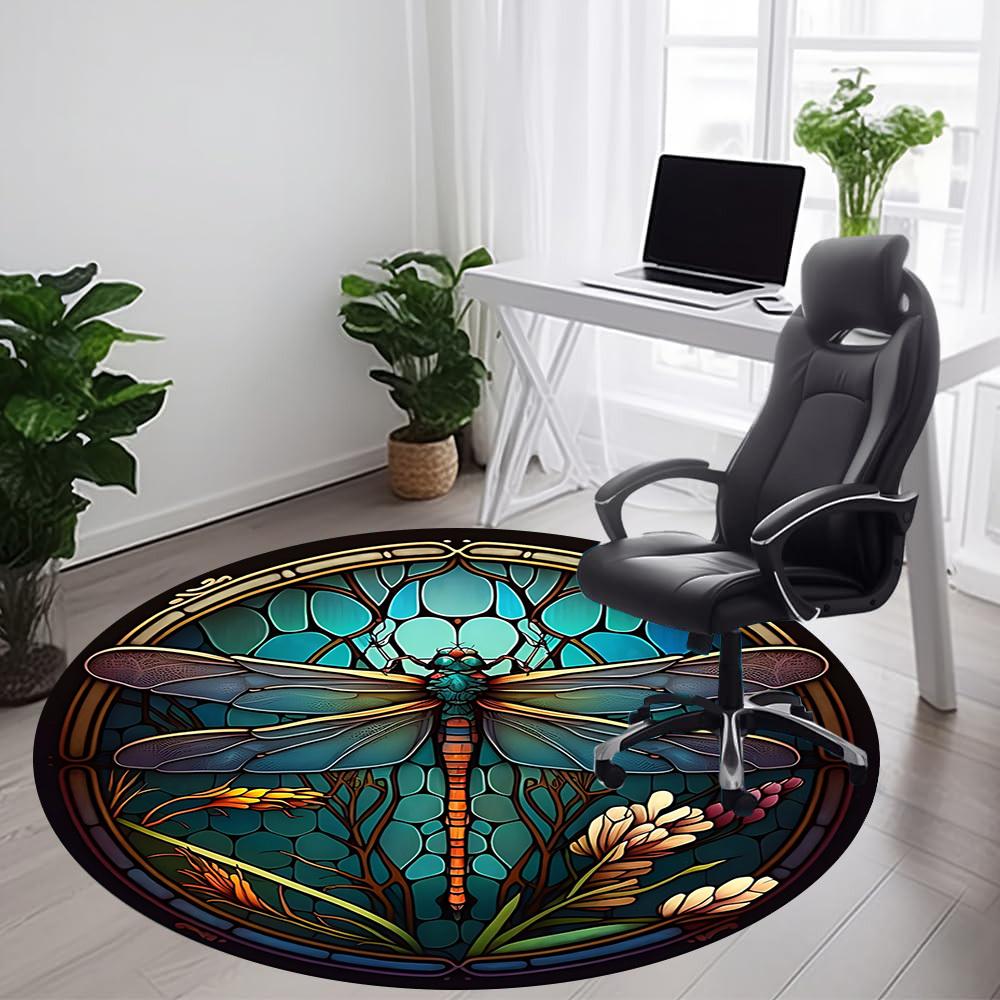 1PC Dragonfly StainedGlass Office Round Area Rug, Mat Suitable ForOffice, Under Office Chairs Bedroom Living Room Home Decor, Room Deco