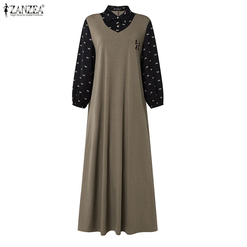 ZANZEA Abito Lungo da Donna Autunnale con Scollo a Revers, Manica Lunga, Patchwork, Finto Due Pezzi, Stampa Floreale, Casual, Svasato