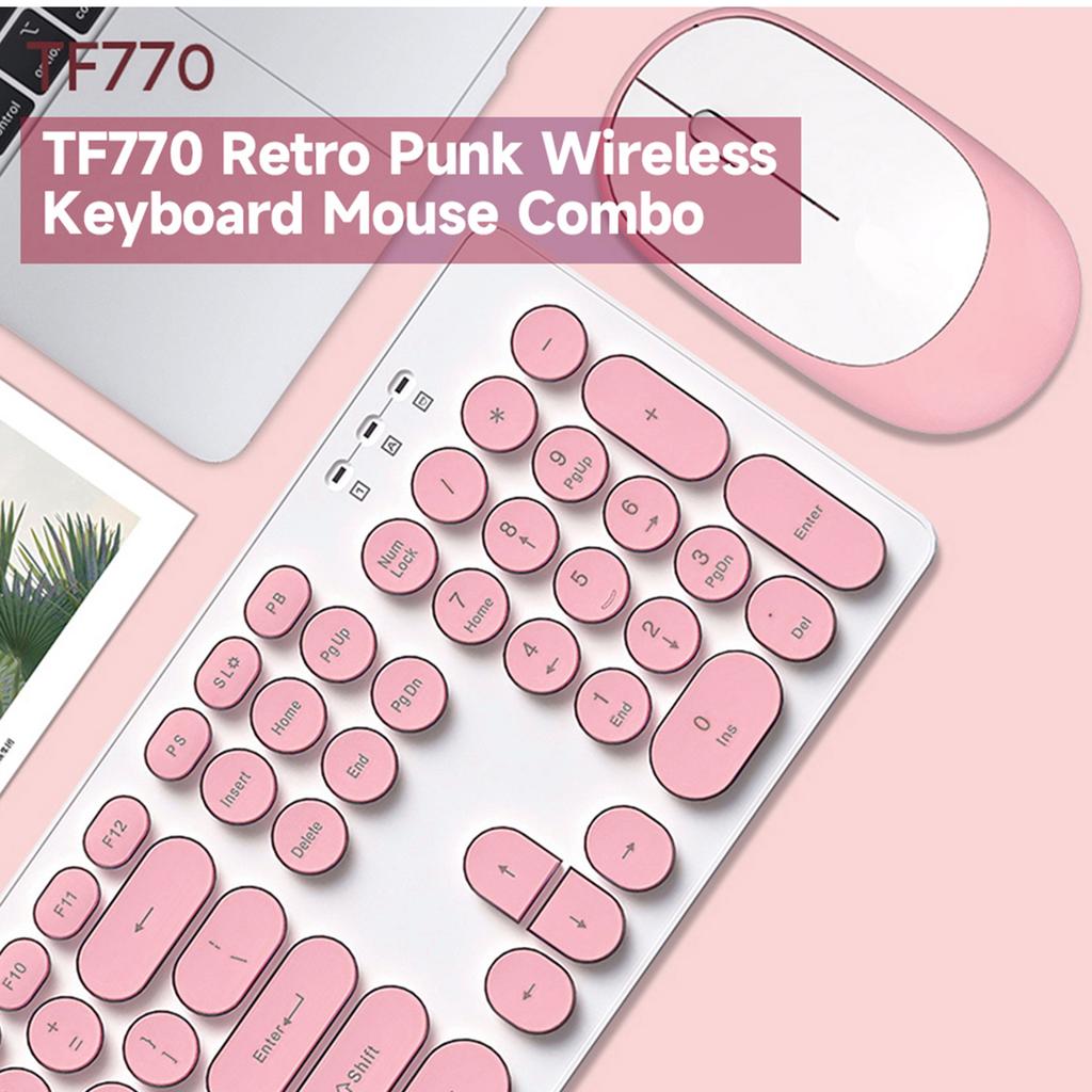 T-WOLF TF770 2.4G Wireless Keyboard Mouse Combo  Punk Round Keycap Comfortable   Typing Wide Compatibility Pink