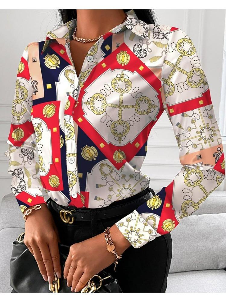 Elegant Blouse Women's Fashion Shirt 2026 Spring/Summer V-Neck Contrast Retro Print Slim Fit Top Office Lady Shirts S-XXXL