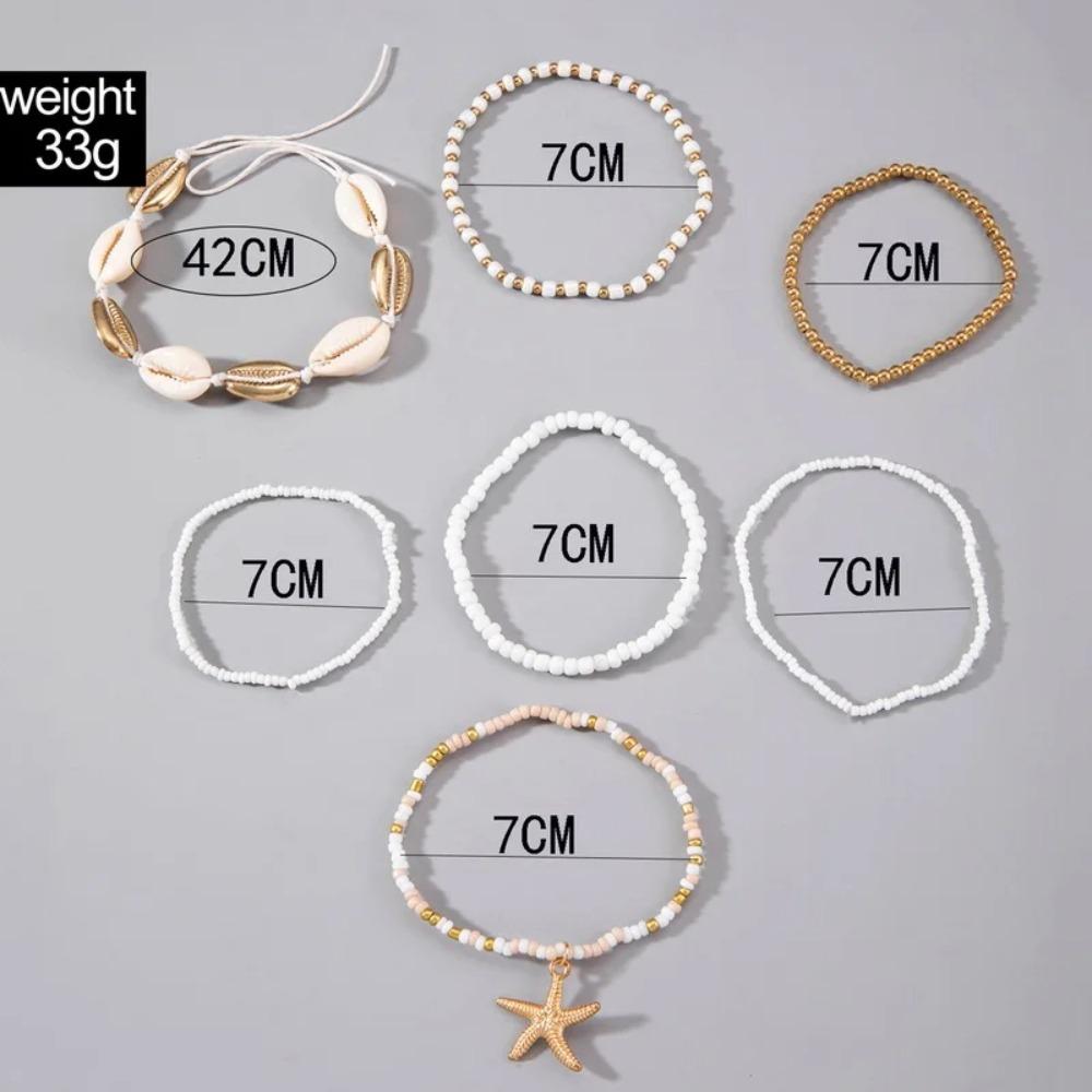 7pcs Charm Holiday Starfish Multi-layer Anklet Stretch Anklet Set Fashion Beach Jewelry