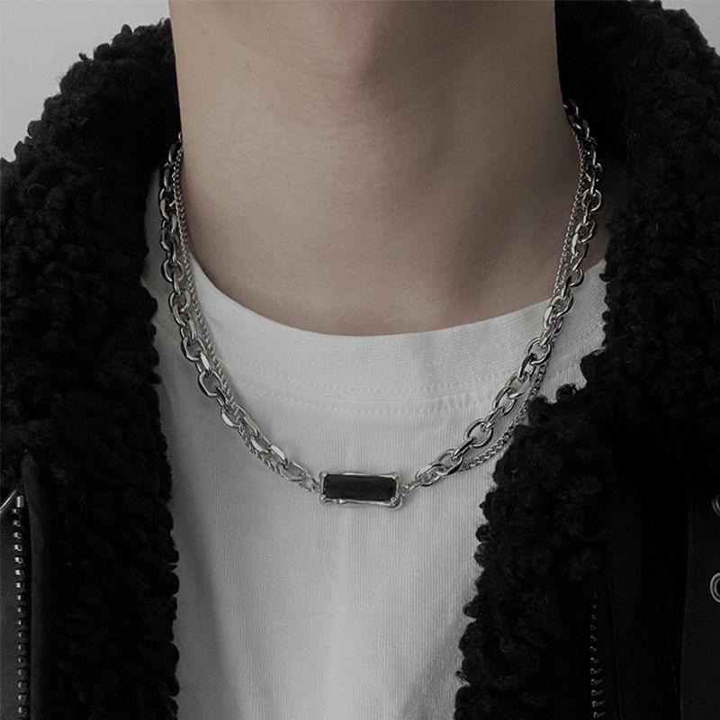 R Black Gemstone Necklace Ins Design Cold Style Titanium Steel Hip Hop Advanced Necklace Accessories 60CM