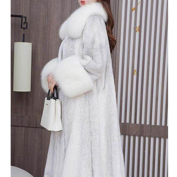 Women's Long Mink Coat with Fox Fur Collar - Casual and Warm Winter Fur Coat
