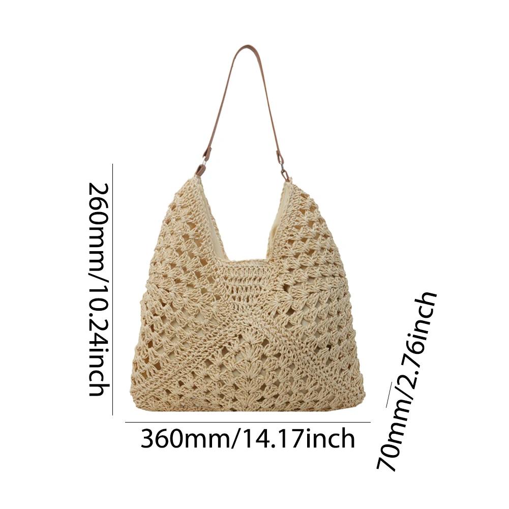 2025 Summer Straw Knitting Bag Hollow Out Tote Bag Solid Beach Shoulder Bag Holiday Travel Handbag Boho Shoulder Purse for Women