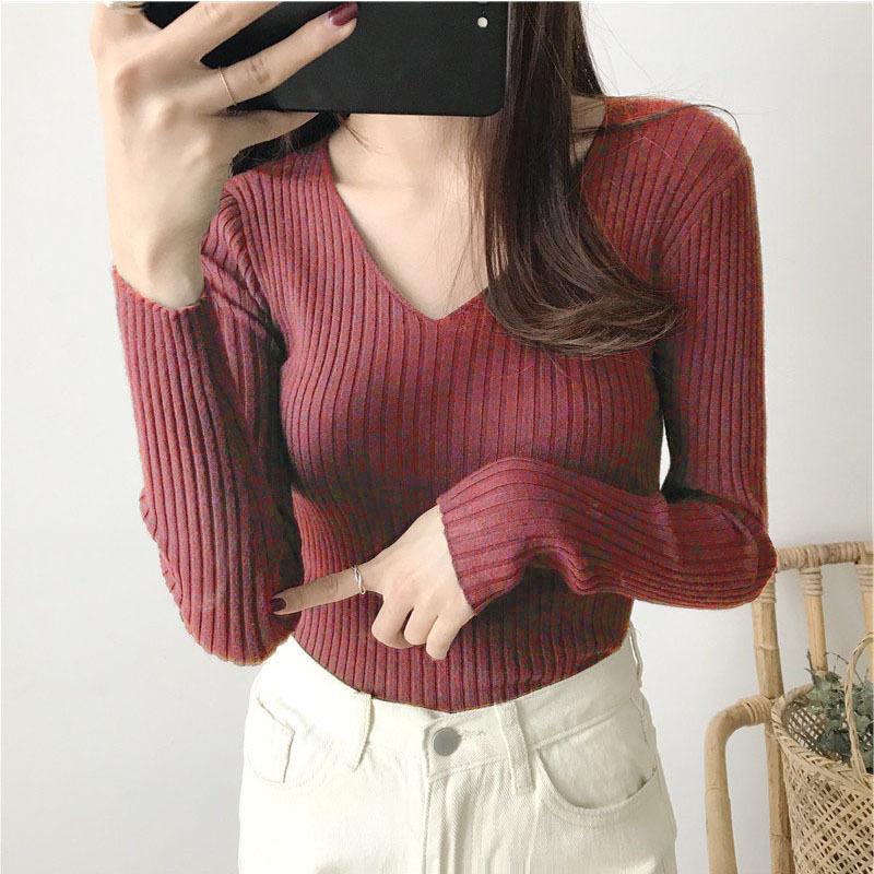 Women's Autumn Sweaters V-neck Slim Fit Pullover Long Sleeve Base Knitted Sweater Woman Winter Fashion Solid Bottoming Warm Knitwear Jumpers 24967
