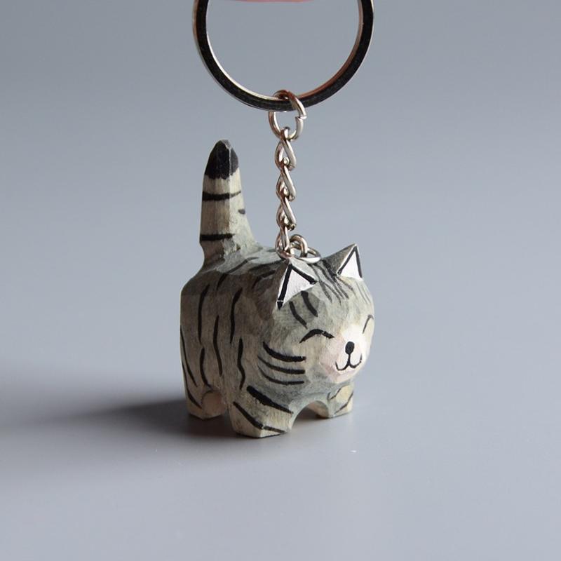 Funny Handmade Carved Wooden Cat Keychain Creative Pendant Non-toxic Material Unisex Keyring for Daily Key Organize