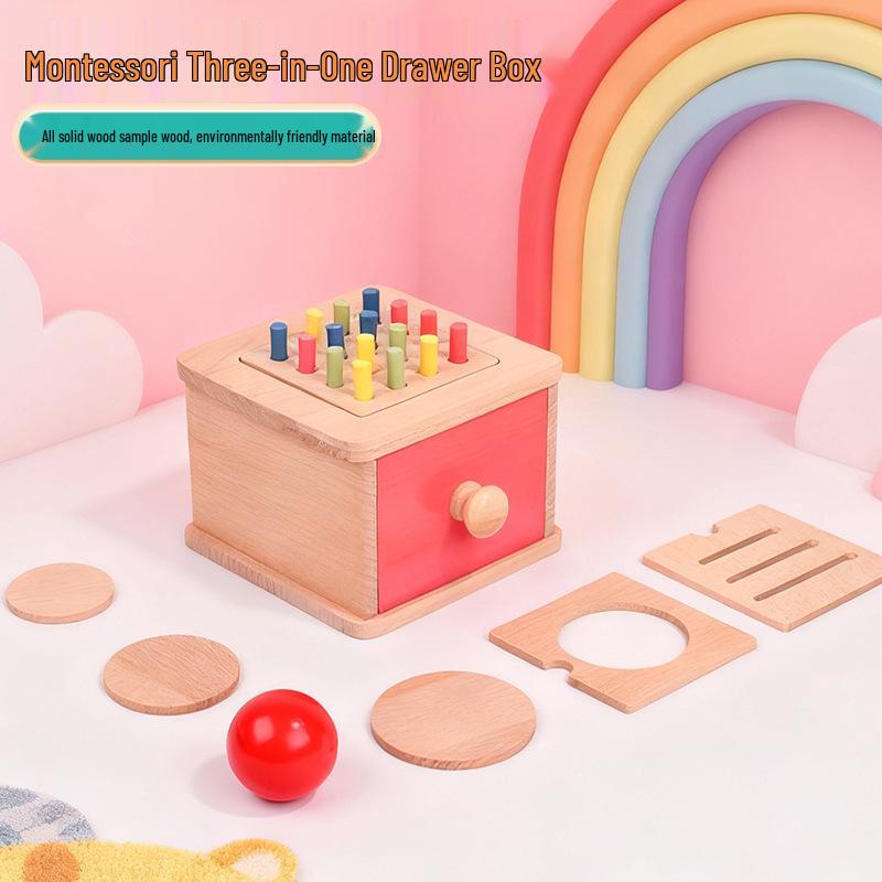 Montessori Wooden Drawer Box Early Education Textile Drum Pressure Ball and Puzzle Toys for Kindergarten