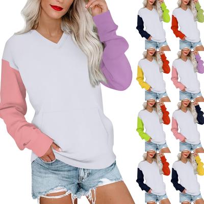 Women's Casual Fashion Stitching Color V-Neck Long Sleeve Sweatshirt Light Pullover With Pockets