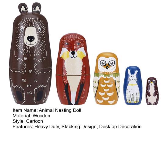 Yousheng 5Pcs/Set Animal Russian Nesting Doll 5 Layers Handmade Wooden Matryoshka Forest Animal Stacking Toy Home Office Desktop Decoration Ornament