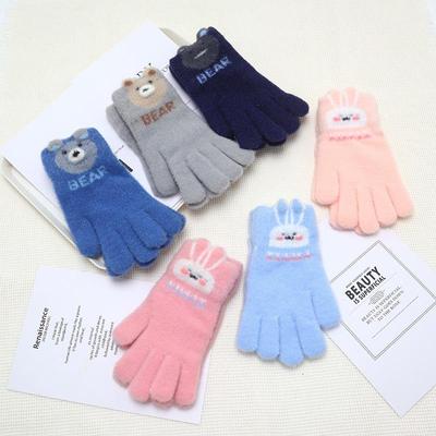 Children's Winter Warm Cartoon Gloves - Thickened, Five-Finger, Cute Rabbit & Little Bear Design, Cold-Proof for Boys & Girls