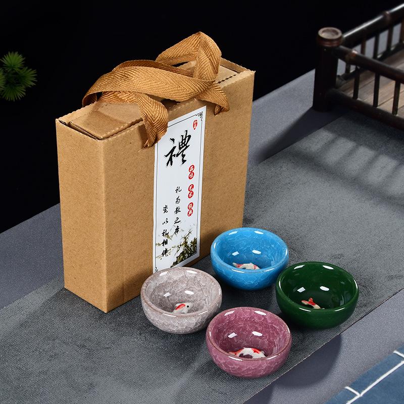 Gift Package 3D Golden Fish China tea cup set,Kung Fu Tea Set Crackle Glaze Travel Tea Bowl Chinese Teacup Sets