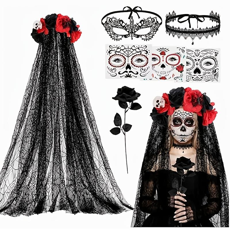 Day of the Dead Costumes for Women, Day of the Dead Headband Accessories, Veil, Tattoo, Black Rose, Necklace, Lace Eye Mask, Halloween