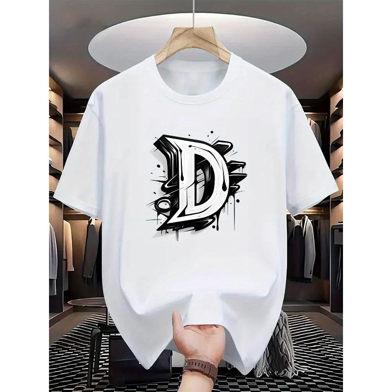 

European size Short-Sleeve, Men S Sports T-Shirt Breathable, Featuring a Floral Large Letter D Print, Comfortable Style, Men S Casual T-Shirt S белый
