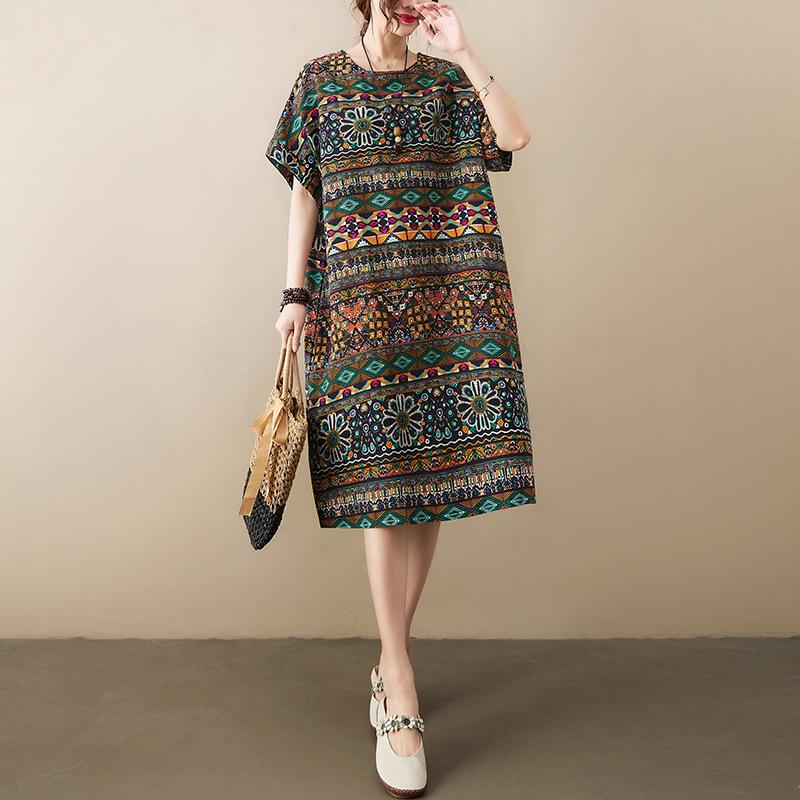 

Летнее винтажное платье свободного кроя с принтом из хлопка и льна One size темно-синий