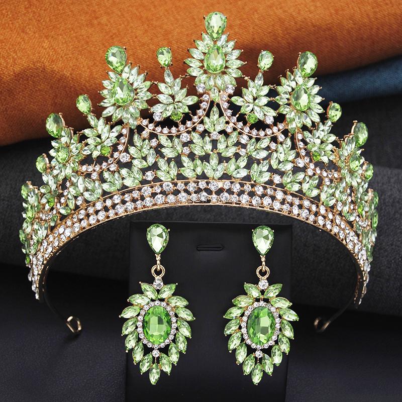 2 Pcs Opal Green Crown and Earrings Sets Royal Queen Tiaras Set for Wedding Hair Jewelry Party Prom Diadem Pageant Bridal