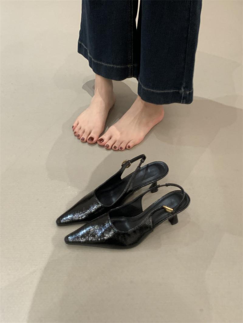 

French Pointed Head Stiletto High Heel Single Shoes Women S Shoes Summer Black Temperament Commuter Bag Head Sandals 35