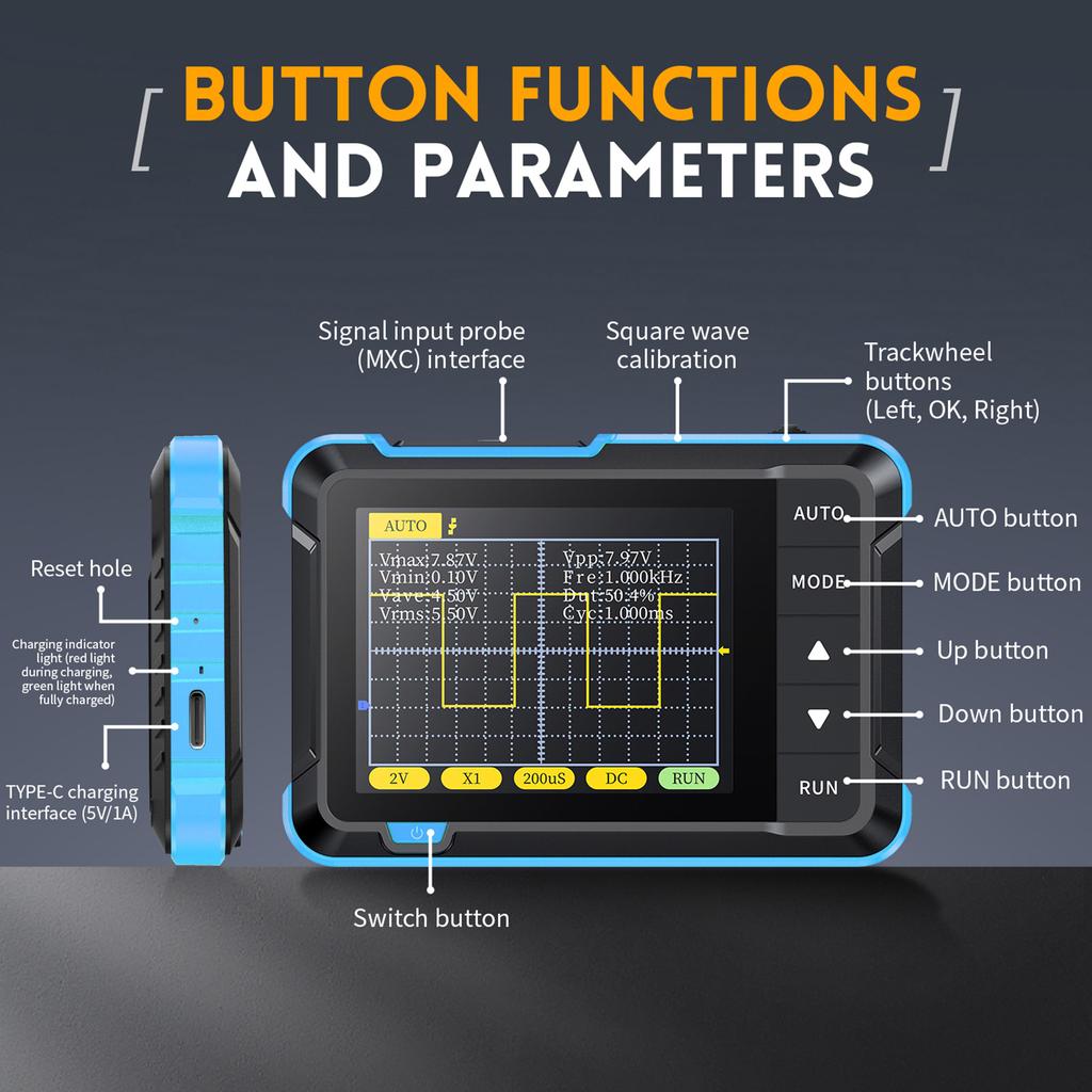 DSO152 Mini Handheld Oscilloscope Lightweight and Durable ABS Material x10±400v (800VPP) Voltage-Measurement Capacity