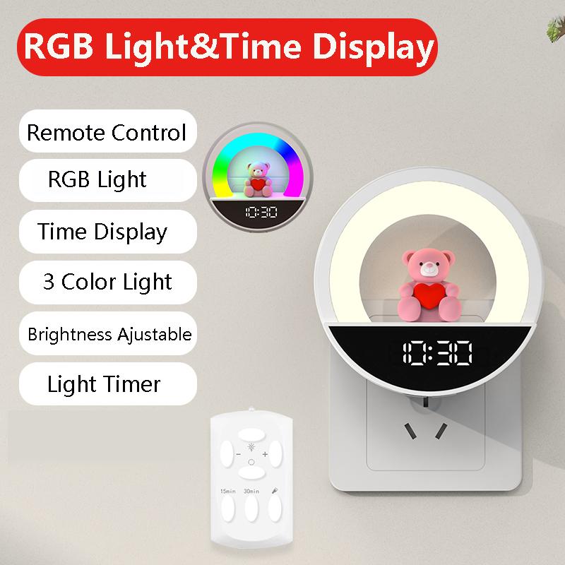 Night Lights with Colck Remote Control Bluetooth EU Plug Into Wall LED RGB Cool Lighting Soft Light Cute Christmas Gift for Kids