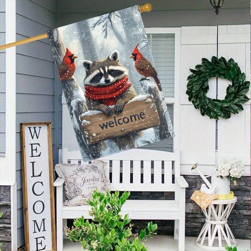1pc, Welcome Winter Scarf Raccoon Red BishopDouble-sided Garden Flag Yard Decoration, Outdoor Decoration, Lawn Decoration, Flag Only