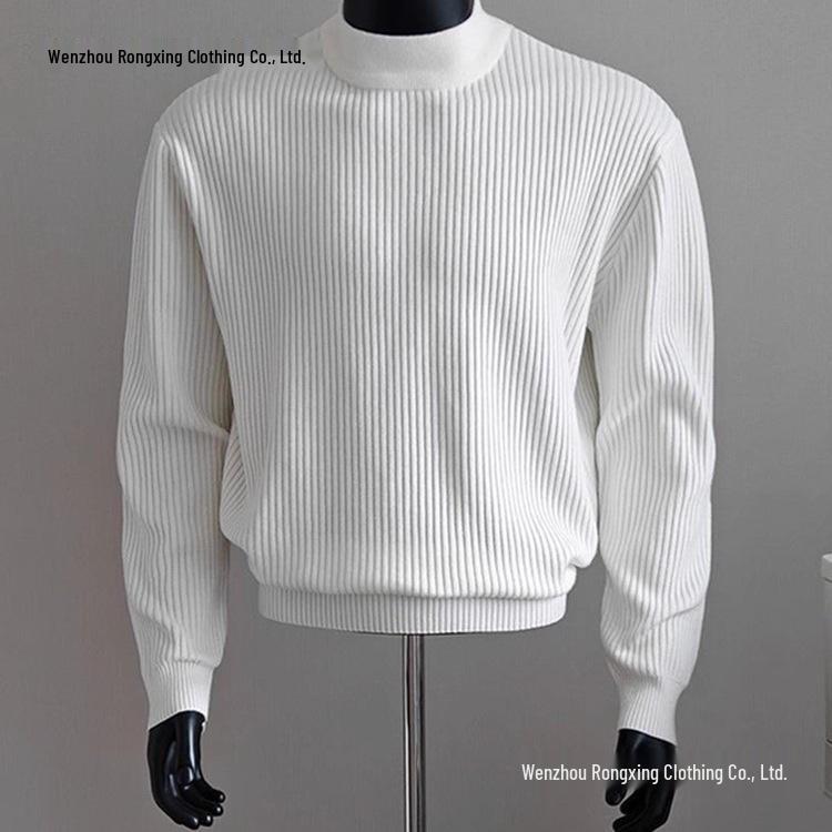 Herren Weißer Gerippter Rollkragenpullover - Herbst/Winter Lazy Style, Gestrickt, Gerade Schulter, Hohe Dehnbarkeit