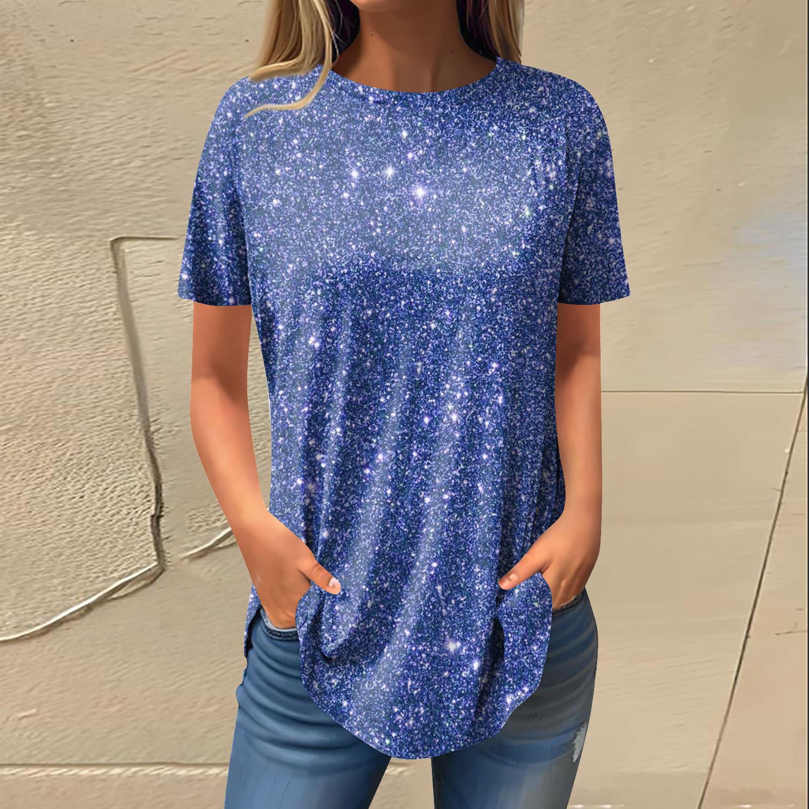 

Жіноча модна повсякденна футболка з круглим вирізом і принтом з паєтками з короткими рукавами L