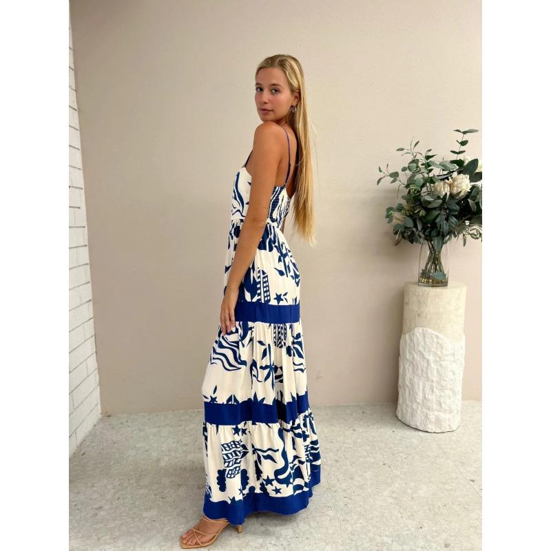 VEZFAA Women's Fashion Summer Spring Colour Block Print Sleeveless Suspenders High Waist Casual Dresses
