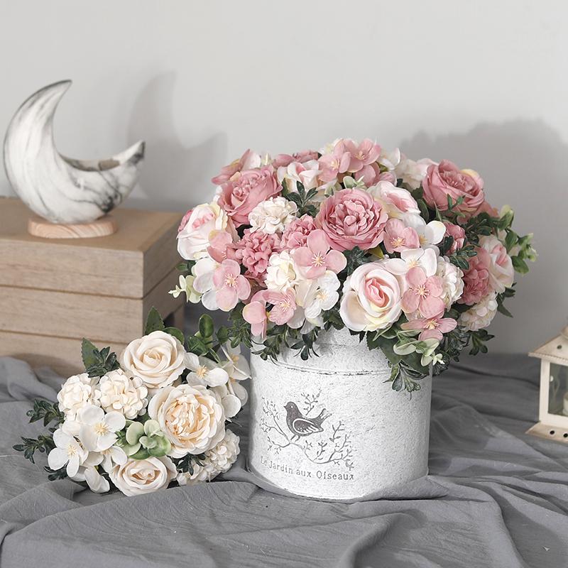 Artificial Flowers Decor 7 Heads Silk Peony Rose Hydrangea Bouquet Home Christmas Party Decorations Wedding Bride Fake Flowers