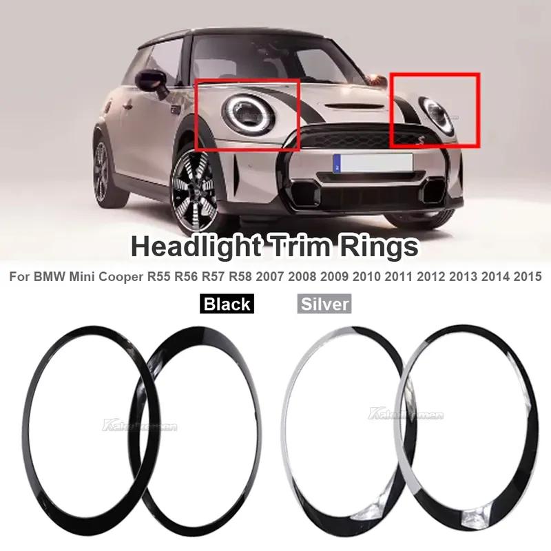 2X Gloss Black/Silver Headlight Trim Rings Bezel Cover For 2007-2015 Mini Cooper R55 R56 R57