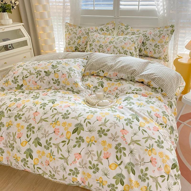 Conjunto de capa de edredom com estampa de folhas verdes-limão, 3 peças, conjunto de cama de algodão, macio, confortável, edredom e fronhas