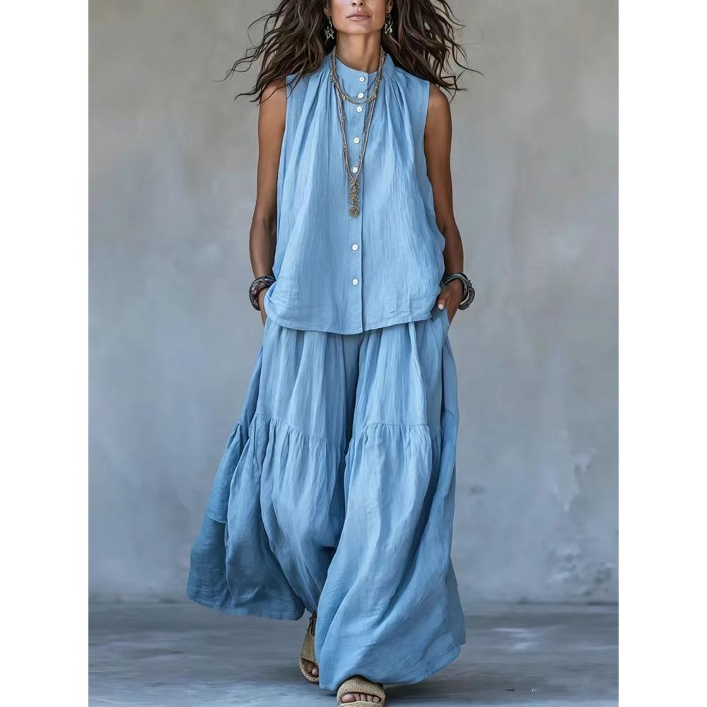 Completo Casual Estivo da Donna a Due Pezzi: Camicetta Senza Maniche con Bottoni e Pantaloni a Gamba Larga